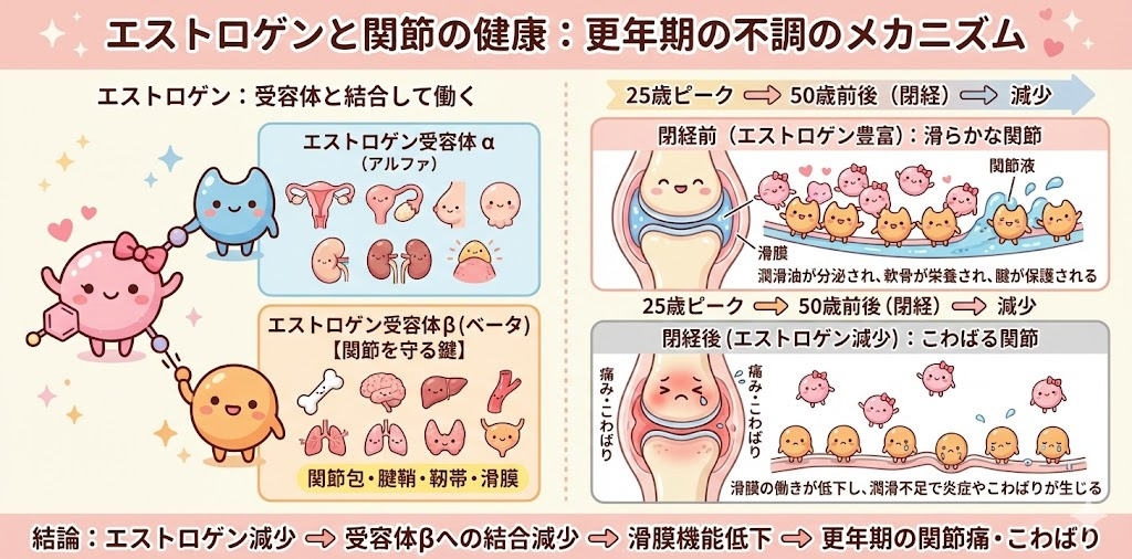 エストロゲンの減少が更年期の関節痛・こわばりにつながる