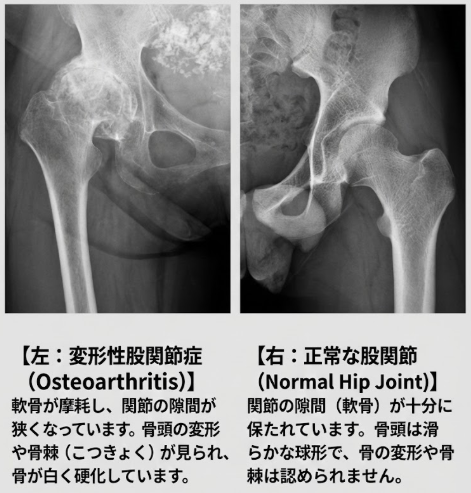 当院で施行したレントゲン：変形性股関節症と正常な股関節の比較