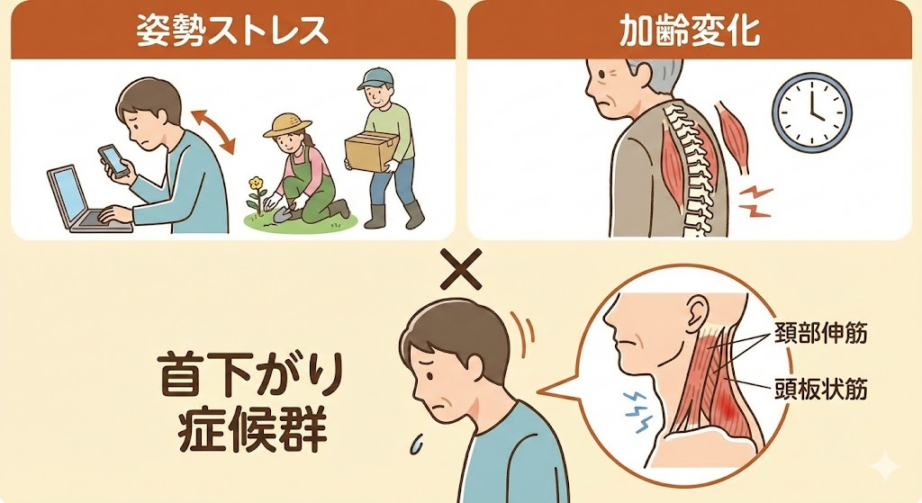 一次性首下がり症候群の中心は「姿勢ストレス×加齢変化」です。